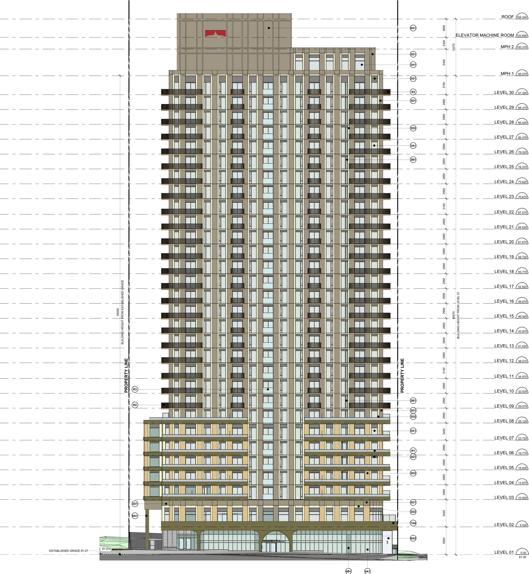 23 Elizabeth — tower elevation, mid to grade